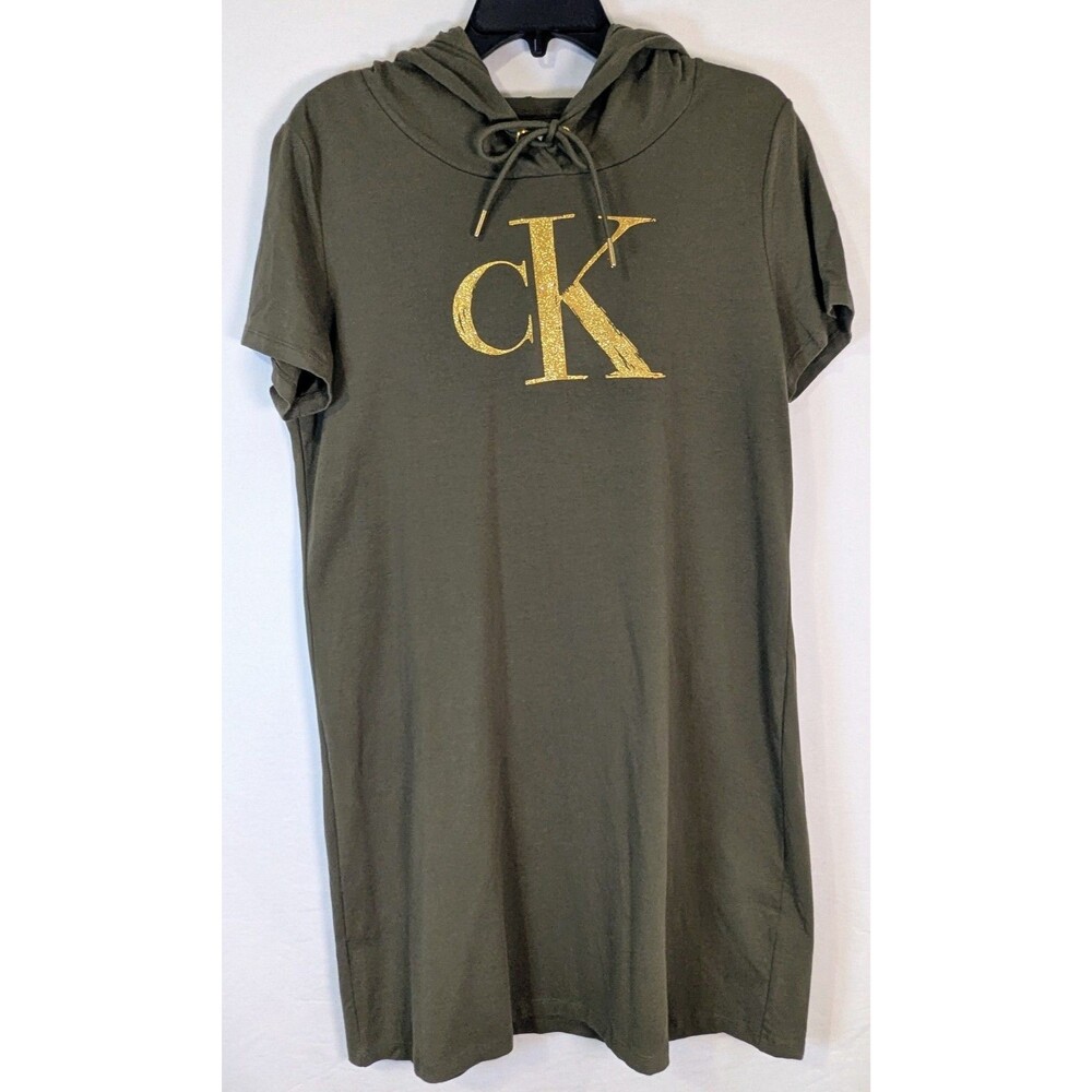 Calvin Klein Women's XL Olive Green Hoodie T-Shirt Dress Gold Logo